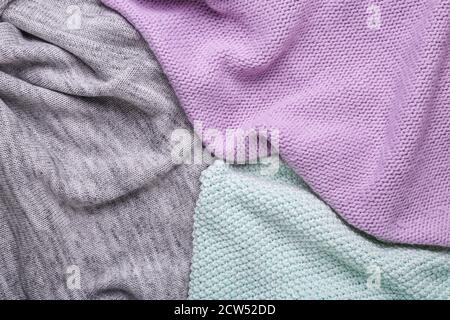 Gray, mint and lilac knitting wool texture background Crocheted fabric texture Stock Photo