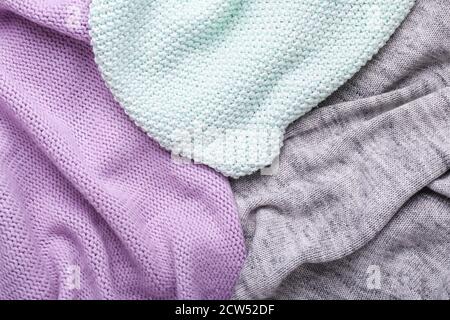 Gray, mint and lilac knitting wool texture background Crocheted fabric texture Stock Photo