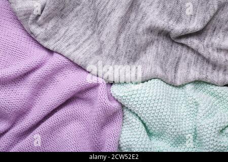 Gray, mint and lilac knitting wool texture background Crocheted fabric texture Stock Photo
