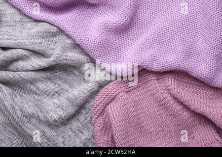 Gray and lilac knitting wool texture background Crocheted fabric texture Stock Photo