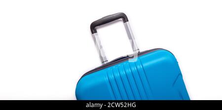 Blue suitcase on white background Summer holidays, vacation, travel concept Banner Minimal Copy space Stock Photo