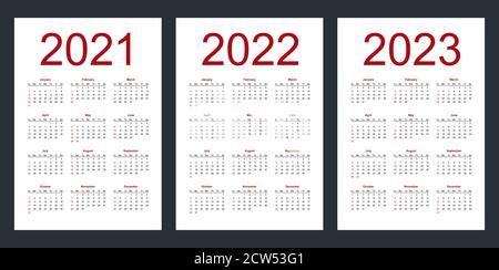 Simple editable vector calendars for year 2021, 2022, 2023. Week starts from Sunday. Vertical. Isolated illustration. Stock Vector