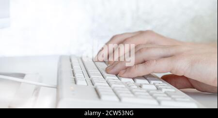 Man hands typing on computer keyboard, business man working on pc in office. Close-up - Image Stock Photo