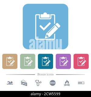 Fill out checklist white flat icons on color rounded square backgrounds. 6 bonus icons included Stock Vector