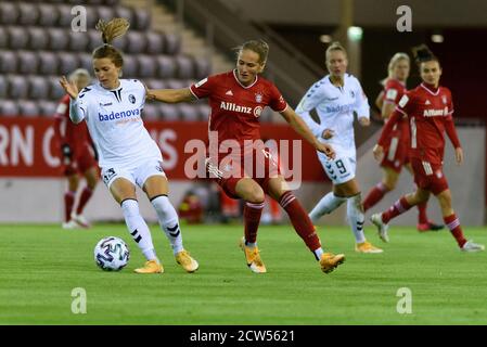 Munich, Germany. 26th Sep, 2020. Sydney Lohmann (#12 FC Bayern Munich) and Sandra Starke (#13 SC Freiburg) during the Frauen Bundesliga match between Bayern Munich and SC Freiburg. Sven Beyrich/SPP Credit: SPP Sport Press Photo. /Alamy Live News Stock Photo