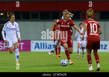 Munich, Germany. 26th Sep, 2020. Sydney Lohmann (#12 FC Bayern Munich) and Sandra Starke (#13 SC Freiburg) during the Frauen Bundesliga match between Bayern Munich and SC Freiburg. Sven Beyrich/SPP Credit: SPP Sport Press Photo. /Alamy Live News Stock Photo