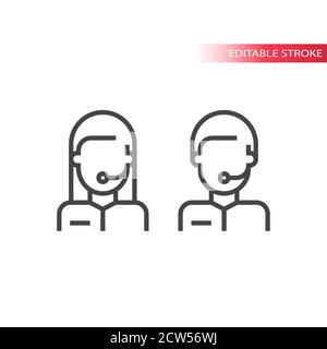 Call center operator thin line vector icon. Man and woman with headset, head phones and microphone, contact icons, outline, editable stroke. Stock Vector