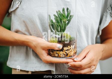 Woman holding glass bottle with small plant inside in front of her stomach. Stock Photo