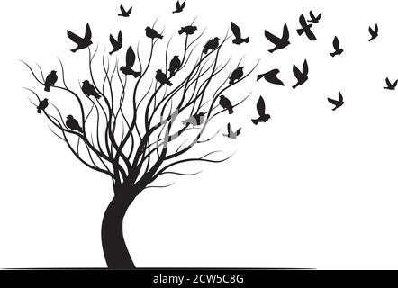 Shape of colour Tree, wind and falling autumn leaves. Vector outline Illustration. Plant in Garden. Stock Vector