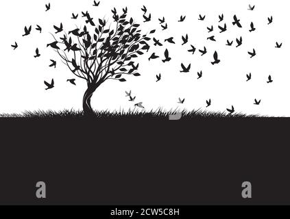 Shape of Tree, wind and black birds. Vector outline Illustration. Plant in Garden. Stock Vector