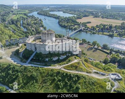 France, Eure, Les Andelys, the ruins of the forteress of Gaillard castle and the Seine river (aerial view) Stock Photo
