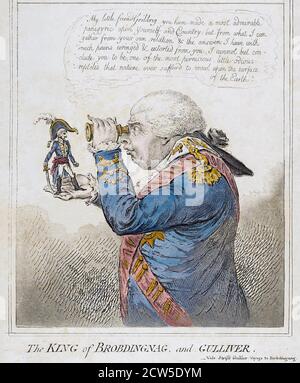 KING GEORGE III (1738-1820) views a miniature Napoleon in a James Gillray cartoon of 1803 entitled The King of Brobdingnag and Gulliver Stock Photo