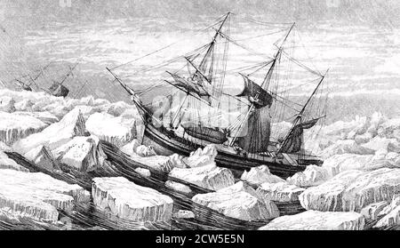 JAMES CLARK ROSS  (1800-1862) English Royal Navy officer and arctic explorer. Engraving of the Erebus and the Terror in a gale in the pack ice in 1841. From his 'Voyage to the Southern Seas' Stock Photo