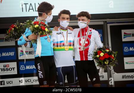 Podium Wout Van Aert of Belgium 2nd place, Julian Alaphilippe of France, winner, Marc Hirschi of Switzerland 3rd place during the 2020 UCI World Road Championships, Men Elite Road Race, on September 27, 2020 at Autodromo Enzo and Dino Ferrari in Imola, Italy - Photo Laurent Lairys / DPPI Credit: LM/DPPI/Laurent Lairys/Alamy Live News Stock Photo