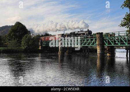 45407 heads over the Lochy bridge with the morning Jacobite service to Mallaig on 23.9.20. Stock Photo