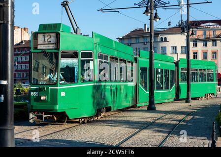 Single Be 4/6 S Schindler/Siemens or Schindler Wagon AG Be 4/6 green tram or Green Cucumber in downtown Sofia Bulgaria Stock Photo