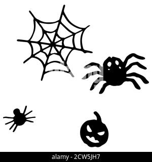 Halloween spider icon set on white isolated backdrop. Pumpkin shadow for invitation or gift card, notebook, bath tile, scrapbook. Phone case or cloth Stock Vector