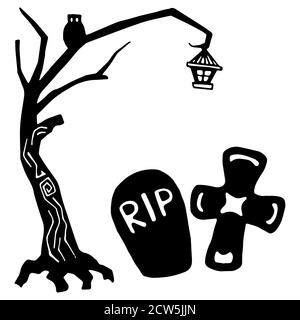 RIP gravestone and cross on white isolated backdrop. Spooky tree for invitation or gift card, notebook, bath tile, scrapbook. Phone case or cloth prin Stock Vector