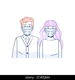 Young people man woman in face mask line icon. Stock Vector