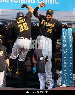 Cleveland, United States. 27th Sep, 2020. Pittsburgh Pirates José Osuna (36) celebrates his home run with teammate Gregory Polanco (25) in fifth inning against the Cleveland Indians at Progressive Field in Cleveland, Ohio on Sunday, September 27, 2020. Photo by Aaron Josefczyk/UPI Credit: UPI/Alamy Live News Stock Photo