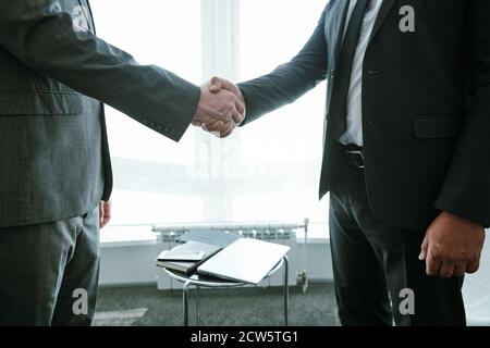 Midsection of two successful business partners in formalwear shaking hands Stock Photo