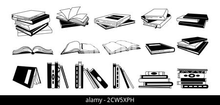 Book glyph cartoon set. Hand drawn monochrome textbooks, hardbacks, outline pages for library. Reading, learn and receive education through books collection. Vector illustration on white background Stock Vector