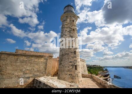 Famous Lighthouse of the Morro Castle (Castillo de los Tres Reyes del Morro), a fortress guarding the entrance to Havana bay in Havana, Cuba Stock Photo