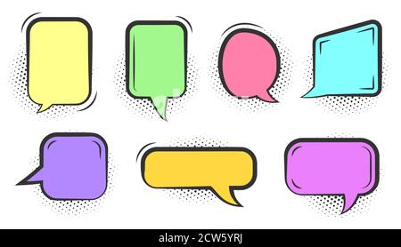 Comic speech bubble set. Cartoon empty text clouds with halftone dot shadow. Different colored blank pop art line doodle bubbles. Comics message balloon template. Isolated on white vector illustration Stock Vector