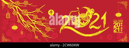 Banner with a Ox in the style of the tribe and the text of the new year (Chinese translation Happy chinese new year 2021, year of ox) Stock Vector