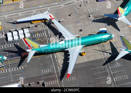 Boeing 737 Max assembled outside Boeing Renton Factory at Renton Airport, USA. Aircraft at assembly line without engines. Airliner parts. Stock Photo