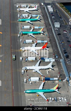 Boeing 737 Max test flight line outside Boeing Factory assembly at Renton Municipal Airport. Multiple newly assembled Boeing 737 aerial view. Stock Photo