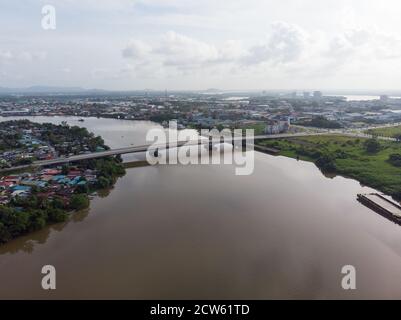 Aerial view of Petrajaya, Kuching which locate the Masjid Jamek and Pustaka Negeri Sarawak or Sarawak State Library Stock Photo