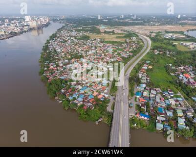 Aerial view of Petrajaya, Kuching which locate the Masjid Jamek and Pustaka Negeri Sarawak or Sarawak State Library Stock Photo