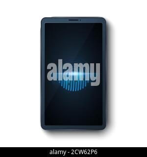 Modern smartphone with a fingerprint scanner isolated on white background. Biometric scanner. Touch screen. Data security from hacking your gadget. Ve Stock Vector