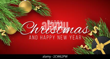 Christmas greeting card. Fir tree and festive golden hanging balls with gift box on a red background. Vector illustration. EPS 10 Stock Vector
