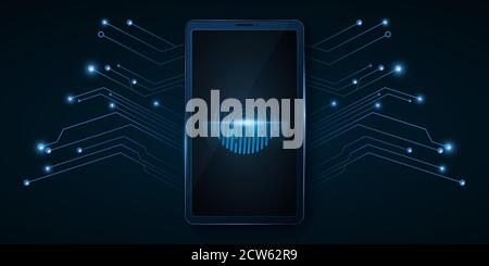 Modern smartphone with a fingerprint scanner. Biometric data and luminous computer circuit board. Data security from hacking your gadget. Vector illus Stock Vector