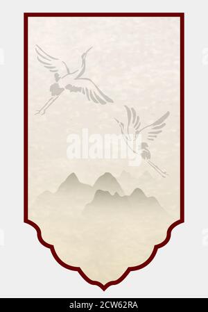 Chinese Painting Shield Shape Label Template, A Couple Of Cranes Stock Vector