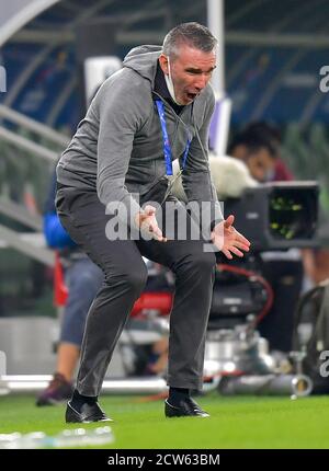 Doha, Qatar. 27th Sep, 2020. Taawoun FC's head coach Patrice Carteron reacts during the AFC Asian Champions League round of 16 football match between Taawoun FC and Al Nassr of Saudi Arabia at Education City Stadium in Doha, Qatar, Sept. 27, 2020. Credit: Nikku/Xinhua/Alamy Live News Stock Photo