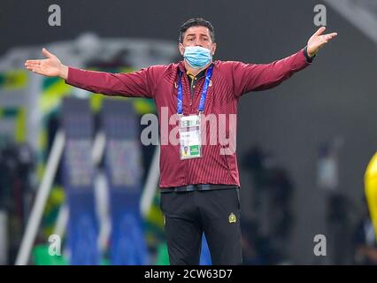 Doha, Qatar. 27th Sep, 2020. Al Nassr's head coach Rui Vitoria reacts during the AFC Asian Champions League round of 16 football match between Taawoun FC and Al Nassr of Saudi Arabia at Education City Stadium in Doha, Qatar, Sept. 27, 2020. Credit: Nikku/Xinhua/Alamy Live News Stock Photo