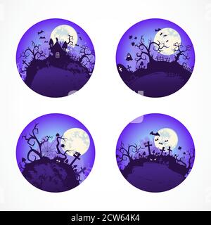 Vector set of round Halloween illustrations. Round icons. Colored. Stock Vector