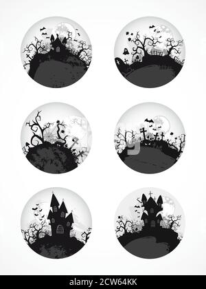 Vector set of round Halloween illustrations. Round icons. Monochrome. Stock Vector