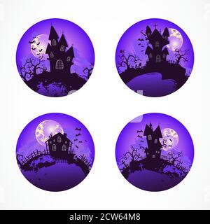 Vector set of round Halloween illustrations. Round icons. Colored. Stock Vector