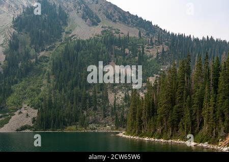 Landscape view of Snowmass Lake shoreline through tall pine trees across from Snowmass Mountain near Aspen, Colorado. Stock Photo