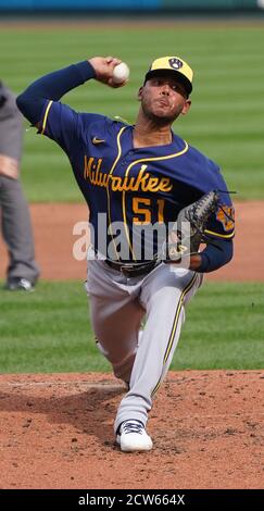 St. Louis, United States. 18th Sep, 2023. Milwaukee Brewers starting  pitcher Freddy Peralta delivers a pitch to the St. Louis Cardinals in the  first inning at Busch Stadium in St. Louis on