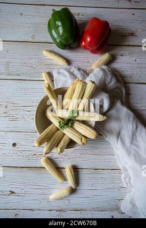 View from top of baby corns and bell peppers Stock Photo