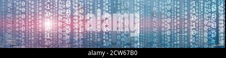 Binary computer code virtual city skyline. Matrix Mixed Media Background. Stock Photo