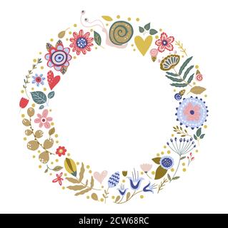 Wreath of leaves, plants, branches and flowers with white background. Hand drawn border for cards, invitations, logo, greeting, wedding invite template illustration. Vector frame. Stock Vector