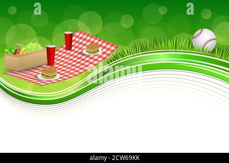Background abstract green grass picnic basket hamburger drink vegetables baseball ball frame illustration vector Stock Vector