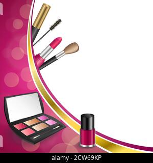 Background abstract pink cosmetics make up lipstick mascara eye shadows nail polish gold ribbon frame illustration vector Stock Vector