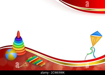Background abstract toys pyramid ball kite blue green red yellow gold ribbon frame illustration vector Stock Vector
